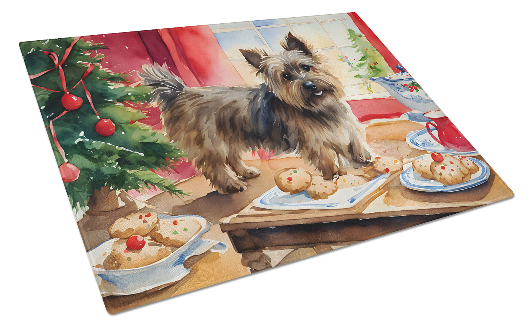 Cairn Terrier Christmas Cookies Cutting Board Tempered Glass Kitchen Cutting Surface, Heat Resistant Chopping, Non-Slip Feet, Food Prep & Serving