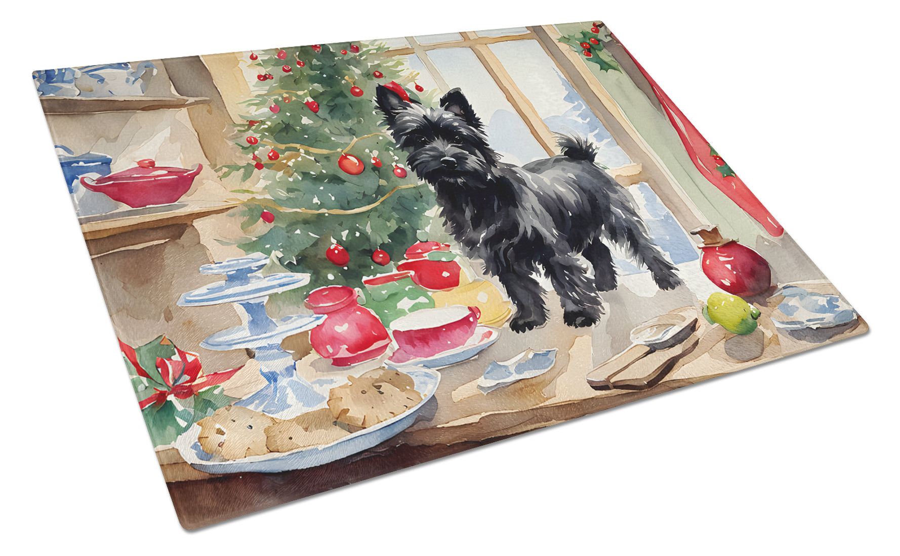 Cairn Terrier Christmas Cookies Cutting Board Tempered Glass Kitchen Cutting Surface, Heat Resistant Chopping, Non-Slip Feet, Food Prep & Serving