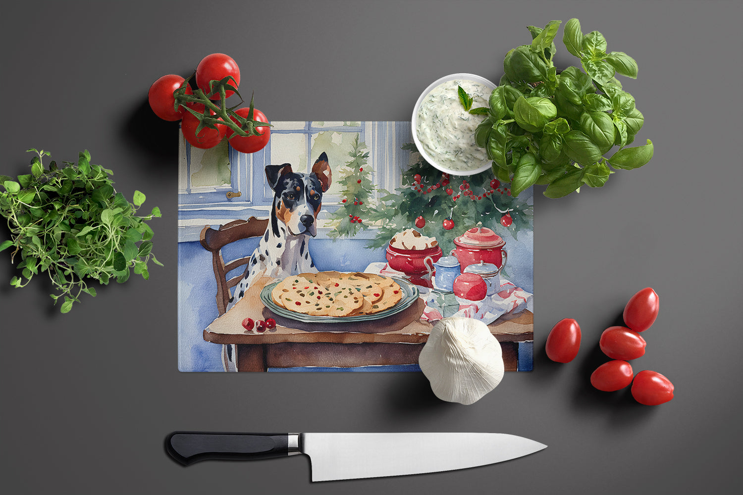 Catahoula Christmas Cookies Cutting Board Tempered Glass Kitchen Cutting Surface, Heat Resistant Chopping, Non-Slip Feet, Food Prep & Serving