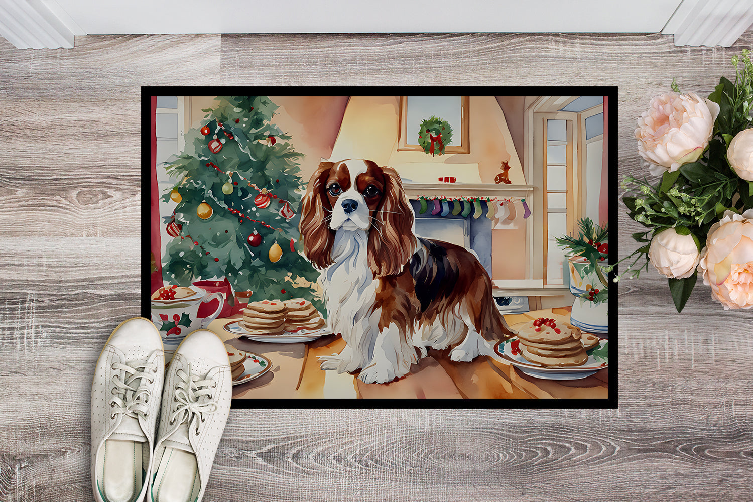 Cavalier Spaniel Christmas Cookies Doormat Indoor Outdoor 24H X 36W Front Door Mat Rugs for Entryway, Non Slip Washable Low Pile,