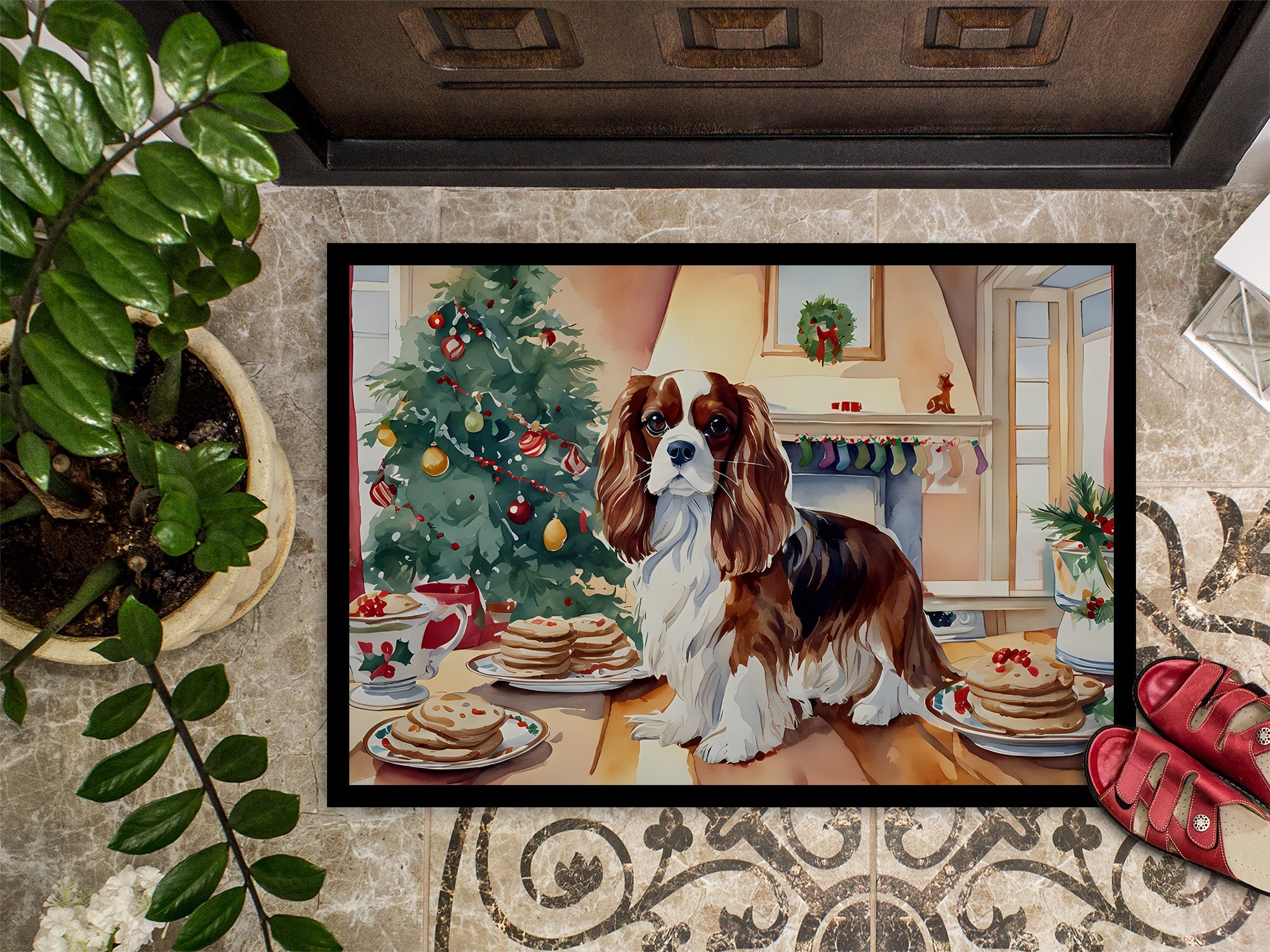 Cavalier Spaniel Christmas Cookies Doormat Indoor Outdoor 18H X 27W Front Door Mat Rugs for Entryway, Non Slip Washable