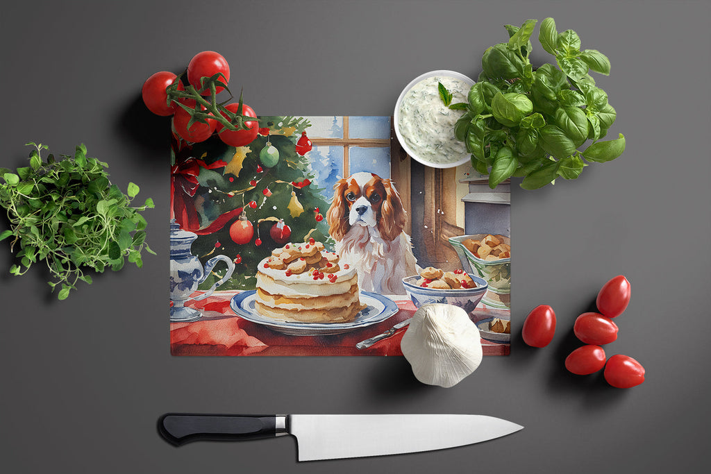 Cavalier Spaniel Christmas Cookies Cutting Board Tempered Glass Kitchen Cutting Surface, Heat Resistant Chopping, Non-Slip Feet, Food Prep & Serving