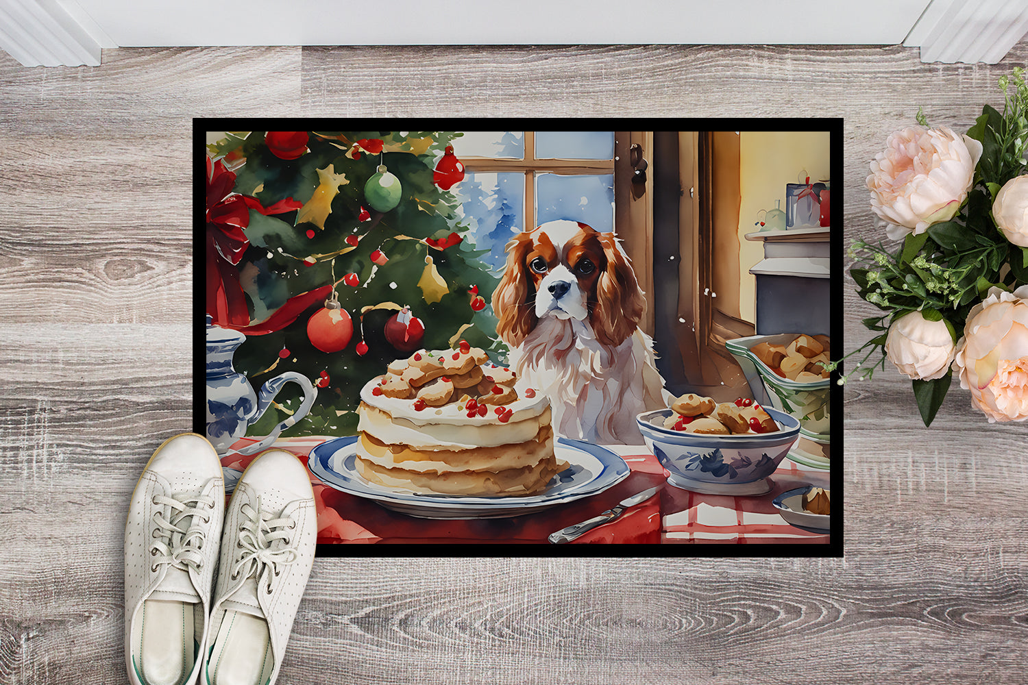 Cavalier Spaniel Christmas Cookies Doormat Indoor Outdoor 18H X 27W Front Door Mat Rugs for Entryway, Non Slip Washable
