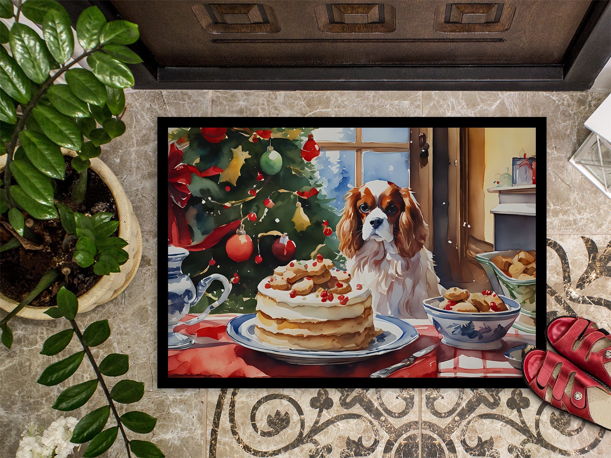 Cavalier Spaniel Christmas Cookies Doormat Indoor Outdoor 18H X 27W Front Door Mat Rugs for Entryway, Non Slip Washable