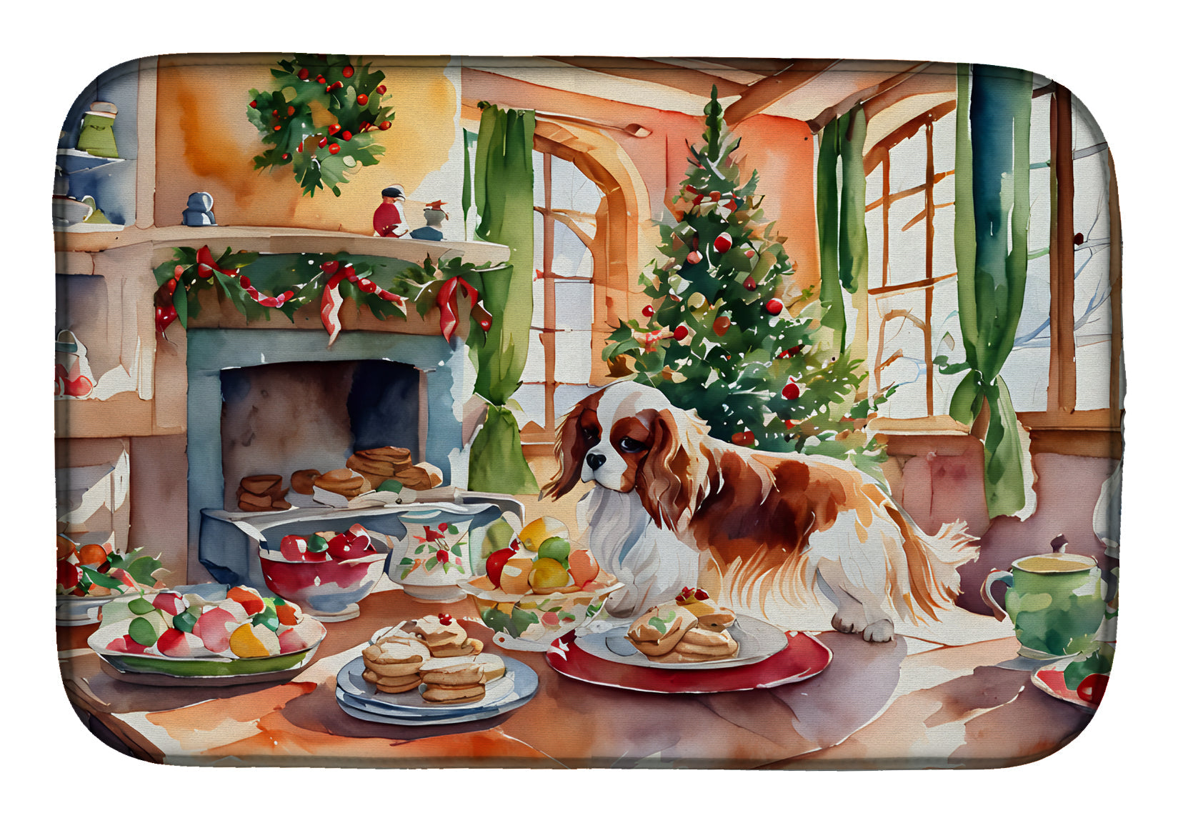 Cavalier Spaniel Christmas Cookies Dish Drying Mat Absorbent Dish Drying Mat Pad for Kitchen Counter Dish Drainer Mat for Countertop, 14 x 21", Multicolor