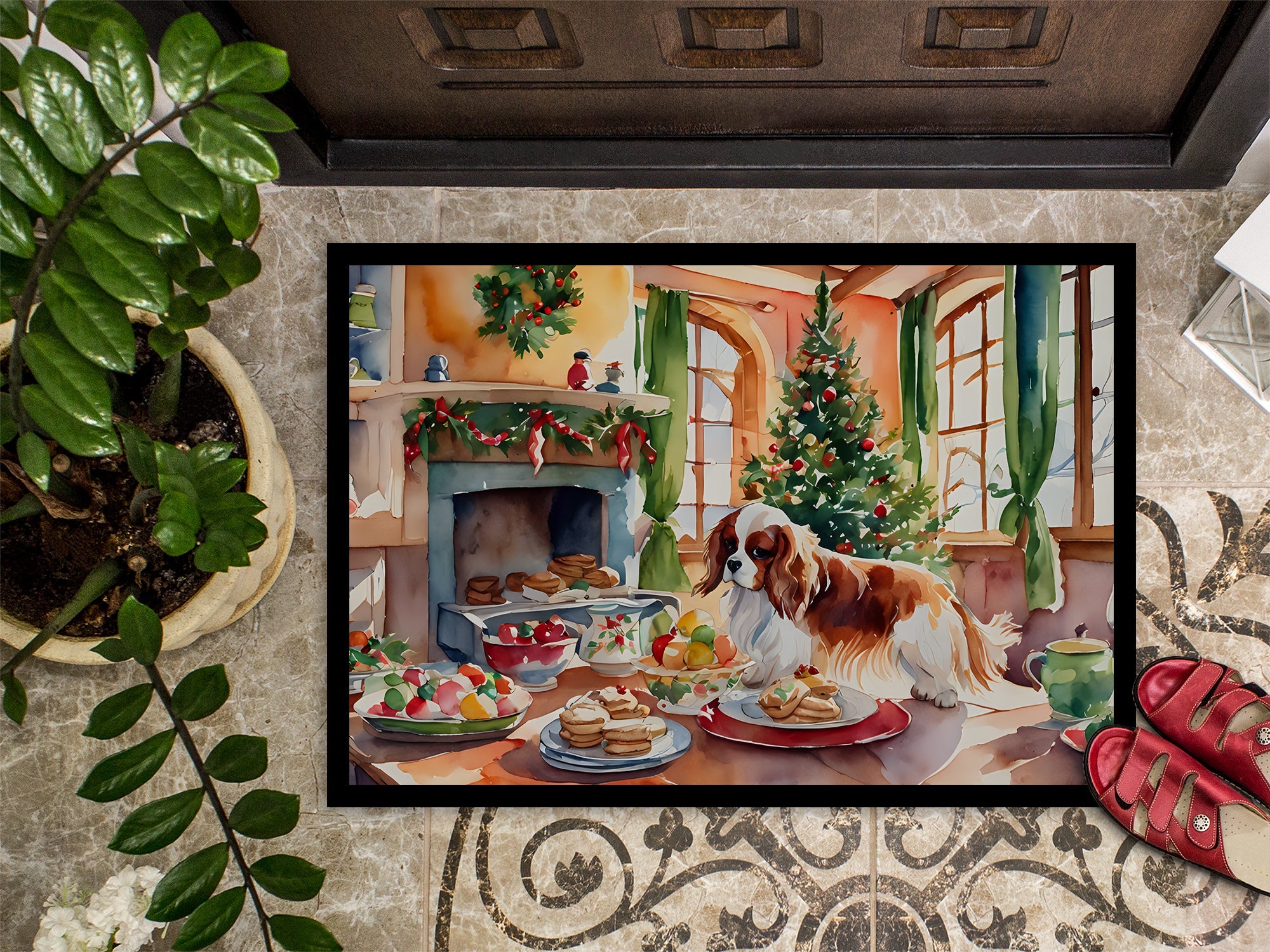 Cavalier Spaniel Christmas Cookies Doormat Indoor Outdoor 24H X 36W Front Door Mat Rugs for Entryway, Non Slip Washable Low Pile,