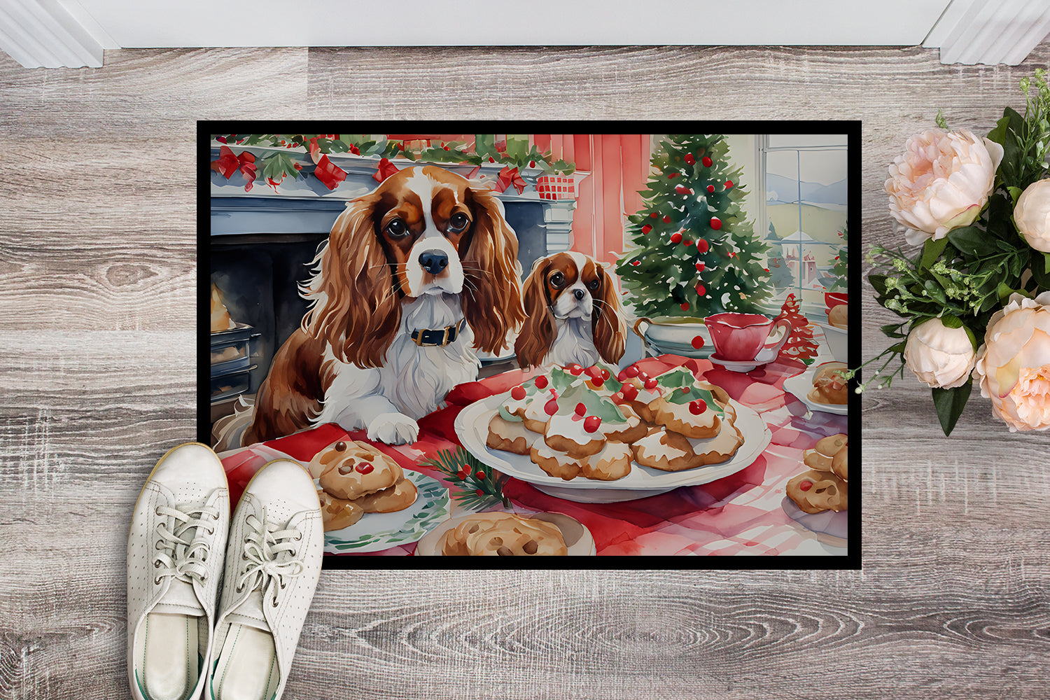 Cavalier Spaniel Christmas Cookies Doormat Indoor Outdoor 24H X 36W Front Door Mat Rugs for Entryway, Non Slip Washable Low Pile,