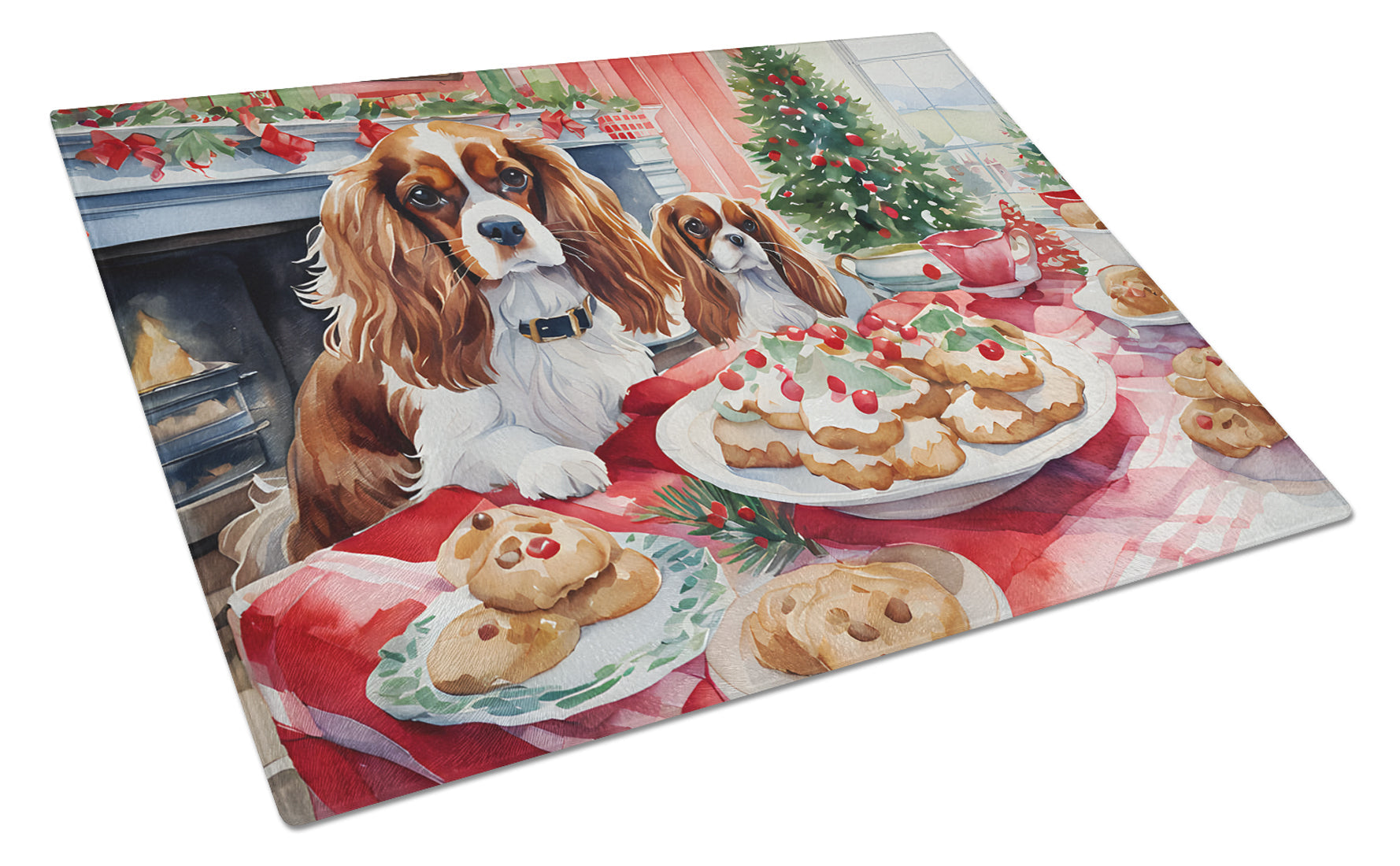 Cavalier Spaniel Christmas Cookies Cutting Board Tempered Glass Kitchen Cutting Surface, Heat Resistant Chopping, Non-Slip Feet, Food Prep & Serving