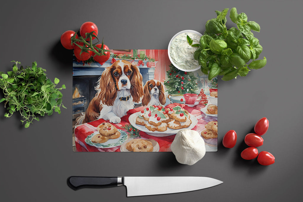 Cavalier Spaniel Christmas Cookies Cutting Board Tempered Glass Kitchen Cutting Surface, Heat Resistant Chopping, Non-Slip Feet, Food Prep & Serving