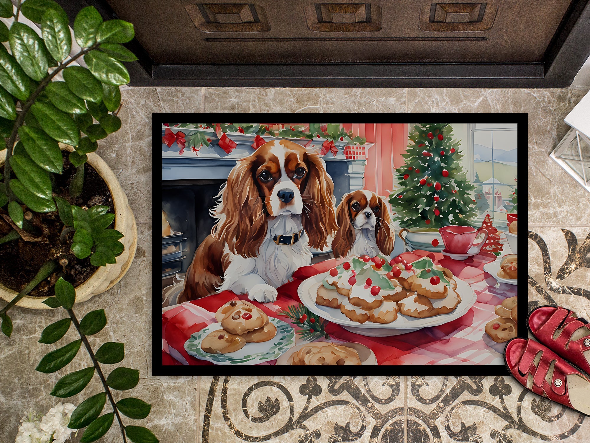 Cavalier Spaniel Christmas Cookies Doormat Indoor Outdoor 18H X 27W Front Door Mat Rugs for Entryway, Non Slip Washable