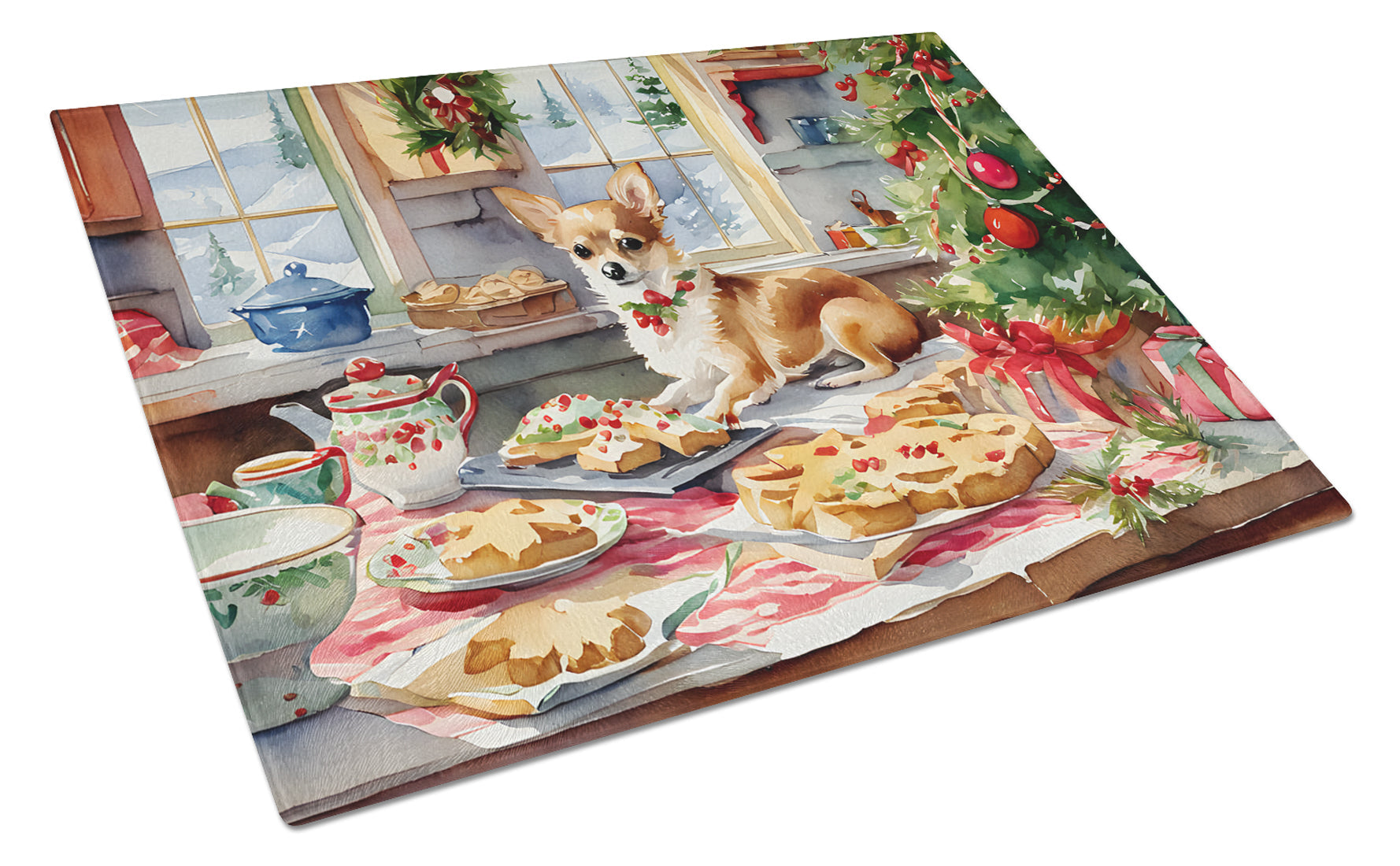 Chihuahua Christmas Cookies Cutting Board Tempered Glass Kitchen Cutting Surface, Heat Resistant Chopping, Non-Slip Feet, Food Prep & Serving