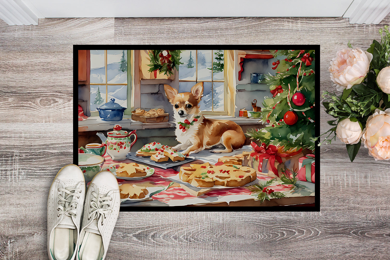 Chihuahua Christmas Cookies Doormat Indoor Outdoor 18H X 27W Front Door Mat Rugs for Entryway, Non Slip Washable