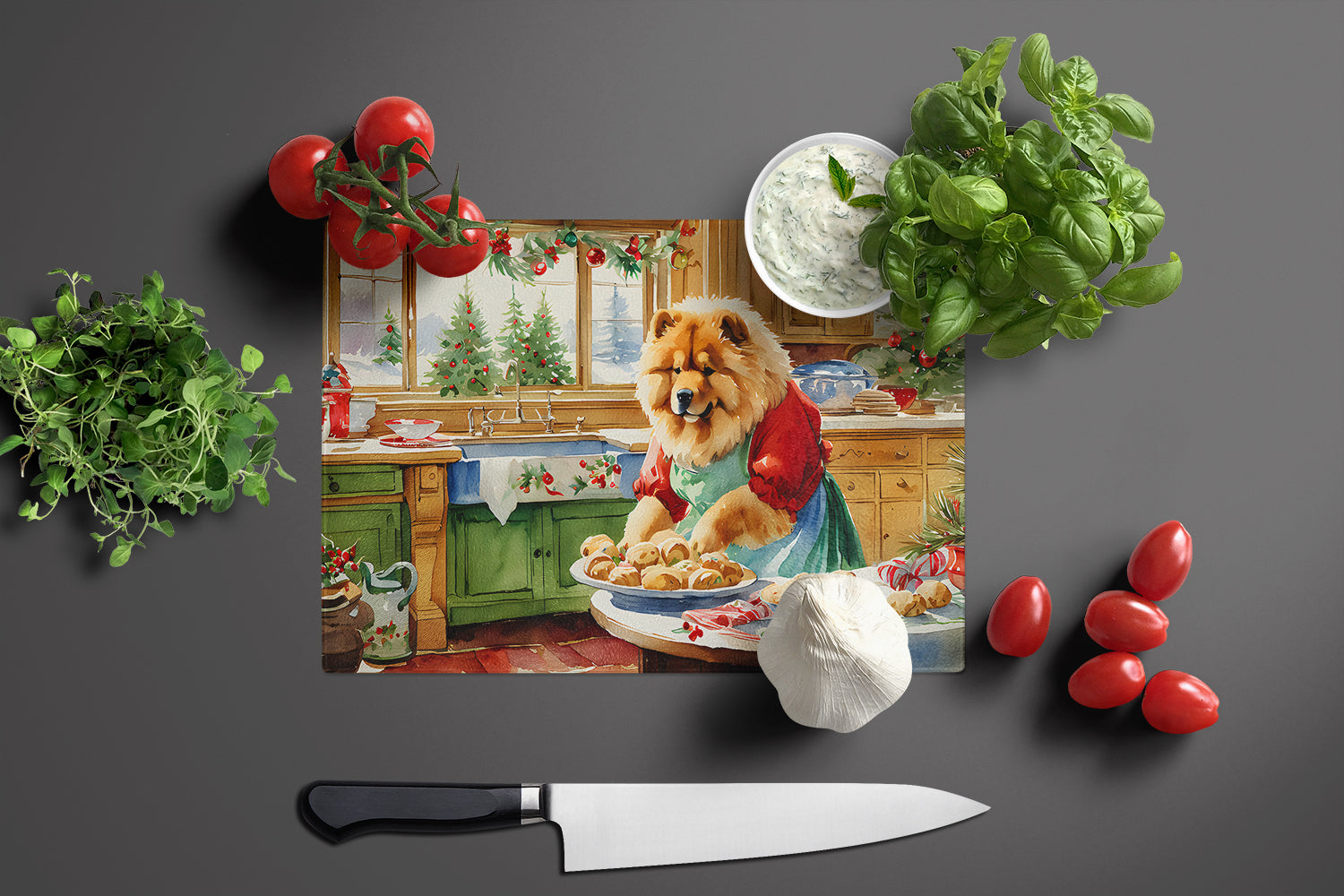 Chow Chow Christmas Cookies Cutting Board Tempered Glass Kitchen Cutting Surface, Heat Resistant Chopping, Non-Slip Feet, Food Prep & Serving