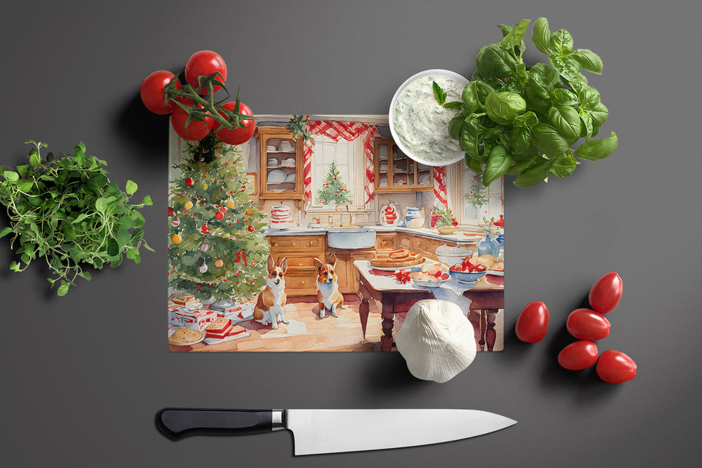 Corgi Christmas Cookies Cutting Board Tempered Glass Kitchen Cutting Surface, Heat Resistant Chopping, Non-Slip Feet, Food Prep & Serving