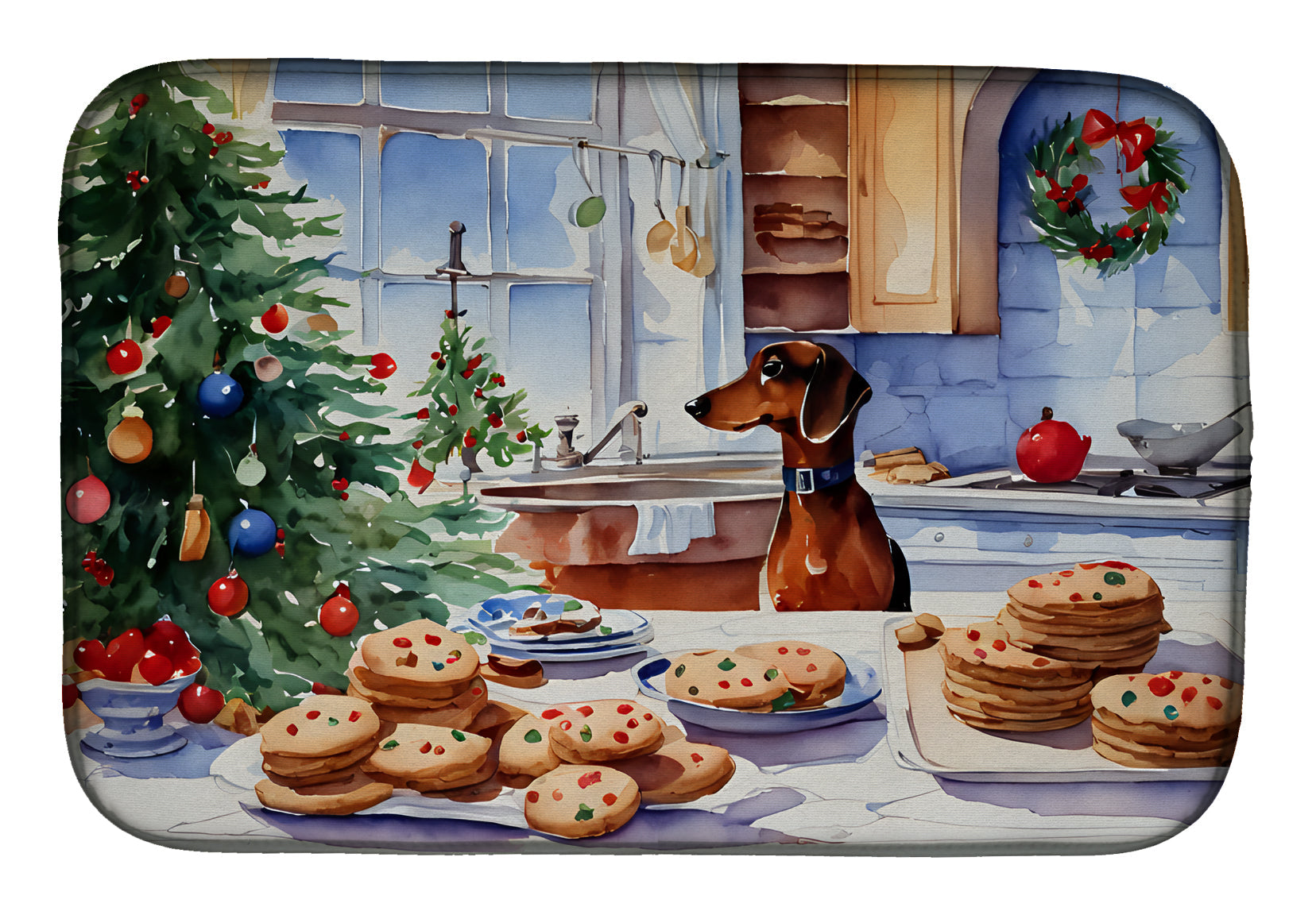 Dachshund Christmas Cookies Dish Drying Mat Absorbent Dish Drying Mat Pad for Kitchen Counter Dish Drainer Mat for Countertop, 14 x 21", Multicolor