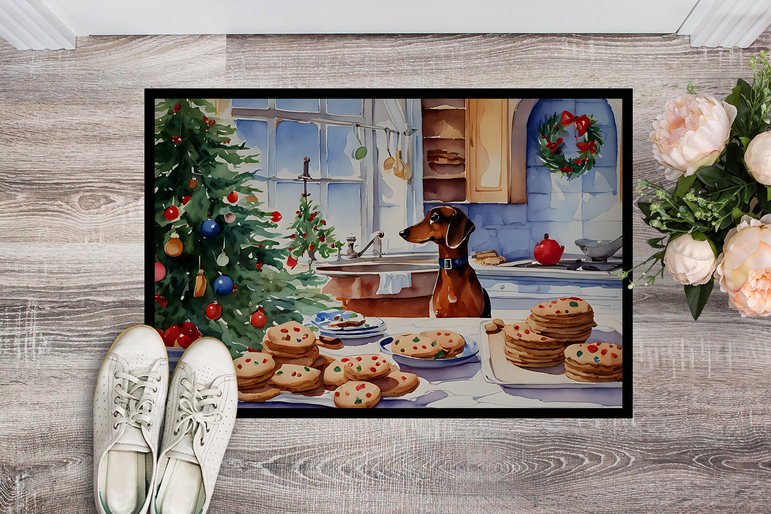 Dachshund Christmas Cookies Doormat Indoor Outdoor 24H X 36W Front Door Mat Rugs for Entryway, Non Slip Washable Low Pile,