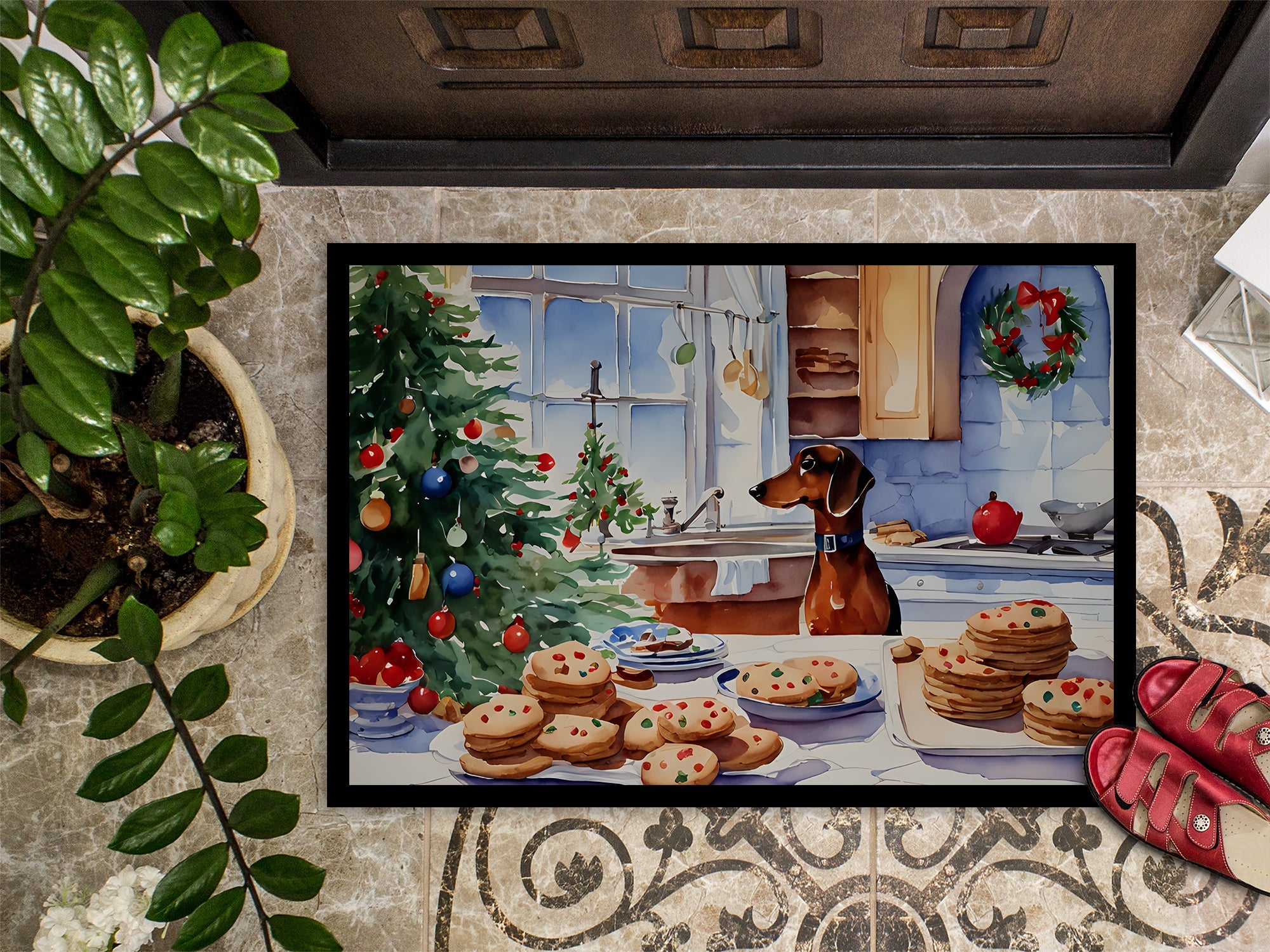 Dachshund Christmas Cookies Doormat Indoor Outdoor 24H X 36W Front Door Mat Rugs for Entryway, Non Slip Washable Low Pile,