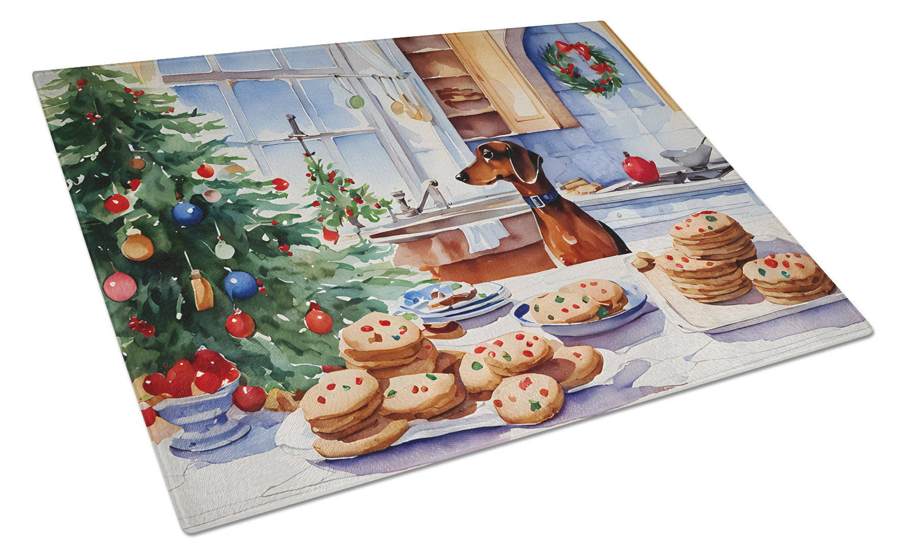 Dachshund Christmas Cookies Cutting Board Tempered Glass Kitchen Cutting Surface, Heat Resistant Chopping, Non-Slip Feet, Food Prep & Serving