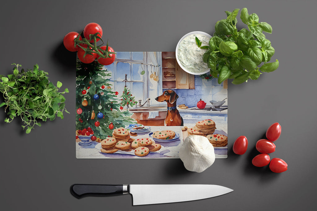 Dachshund Christmas Cookies Cutting Board Tempered Glass Kitchen Cutting Surface, Heat Resistant Chopping, Non-Slip Feet, Food Prep & Serving