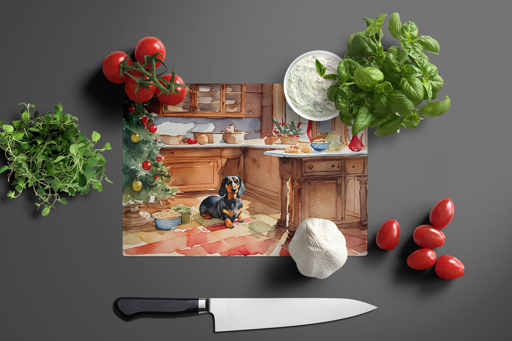 Dachshund Christmas Cookies Cutting Board Tempered Glass Kitchen Cutting Surface, Heat Resistant Chopping, Non-Slip Feet, Food Prep & Serving