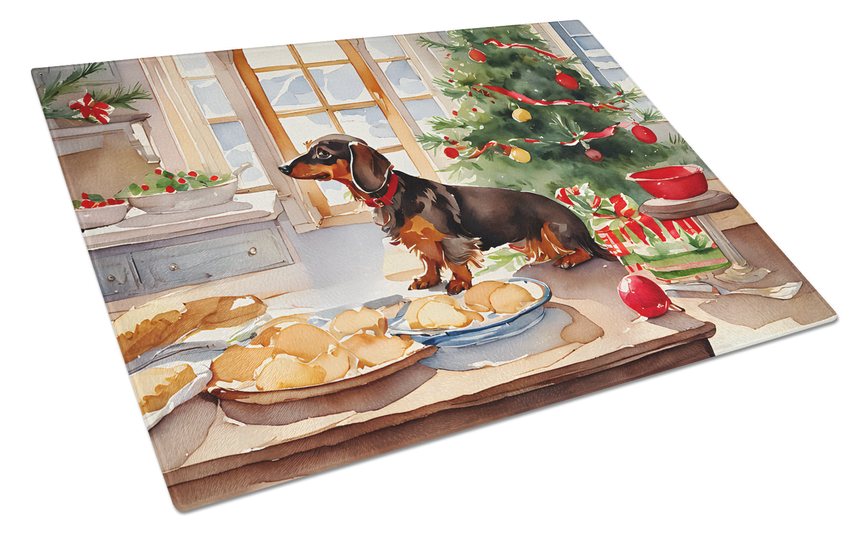 Dachshund Christmas Cookies Cutting Board Tempered Glass Kitchen Cutting Surface, Heat Resistant Chopping, Non-Slip Feet, Food Prep & Serving
