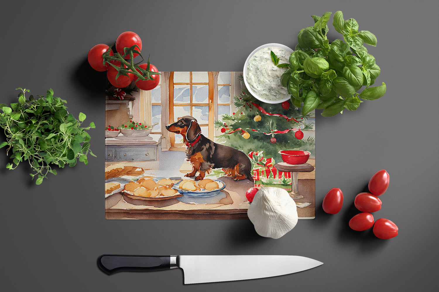Dachshund Christmas Cookies Cutting Board Tempered Glass Kitchen Cutting Surface, Heat Resistant Chopping, Non-Slip Feet, Food Prep & Serving