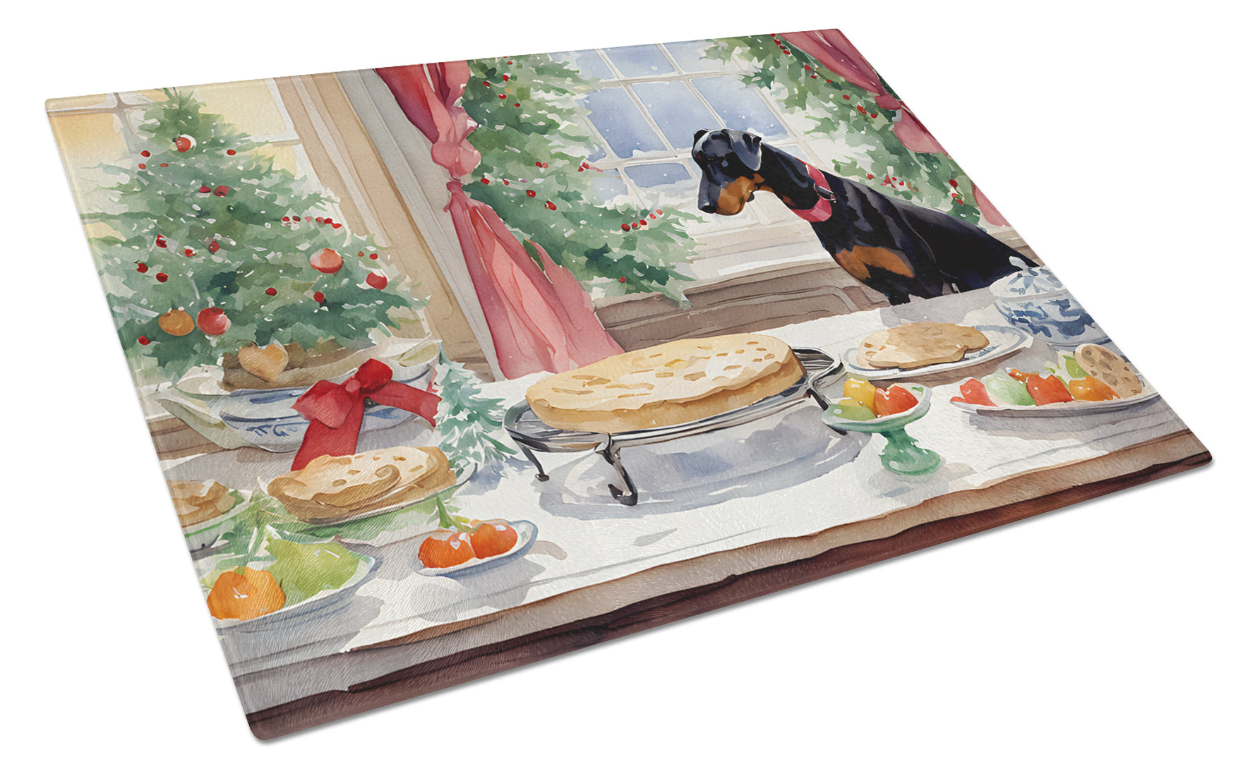 Doberman Pinscher Christmas Cookies Cutting Board Tempered Glass Kitchen Cutting Surface, Heat Resistant Chopping, Non-Slip Feet, Food Prep & Serving
