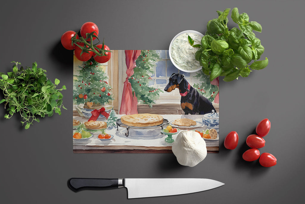 Doberman Pinscher Christmas Cookies Cutting Board Tempered Glass Kitchen Cutting Surface, Heat Resistant Chopping, Non-Slip Feet, Food Prep & Serving