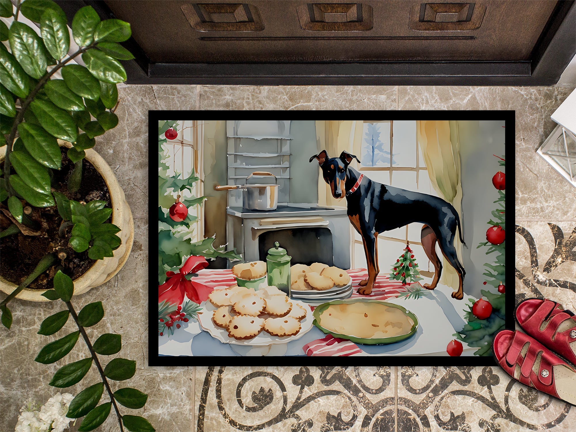 Doberman Pinscher Christmas Cookies Doormat Indoor Outdoor 24H X 36W Front Door Mat Rugs for Entryway, Non Slip Washable Low Pile,
