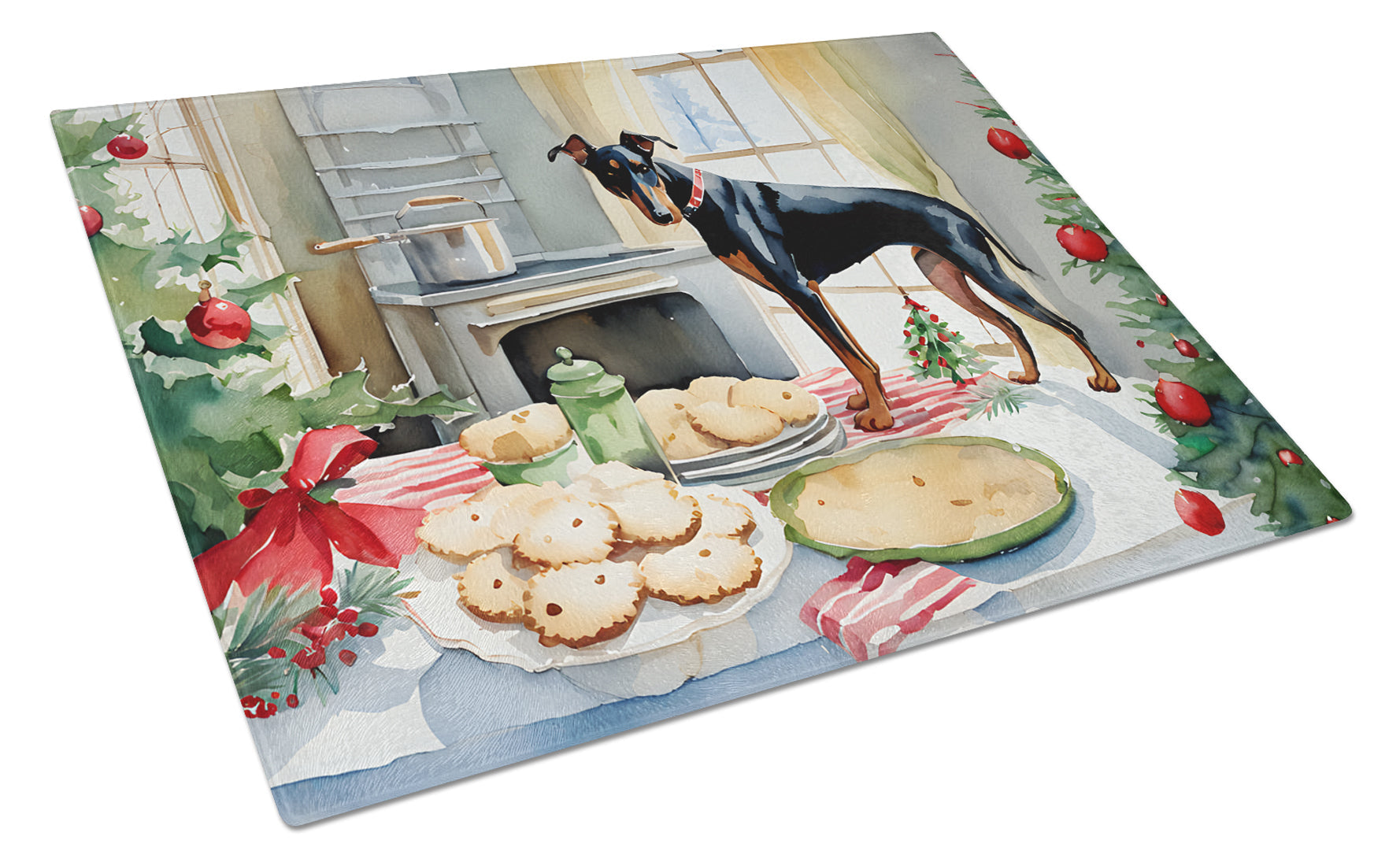 Doberman Pinscher Christmas Cookies Cutting Board Tempered Glass Kitchen Cutting Surface, Heat Resistant Chopping, Non-Slip Feet, Food Prep & Serving