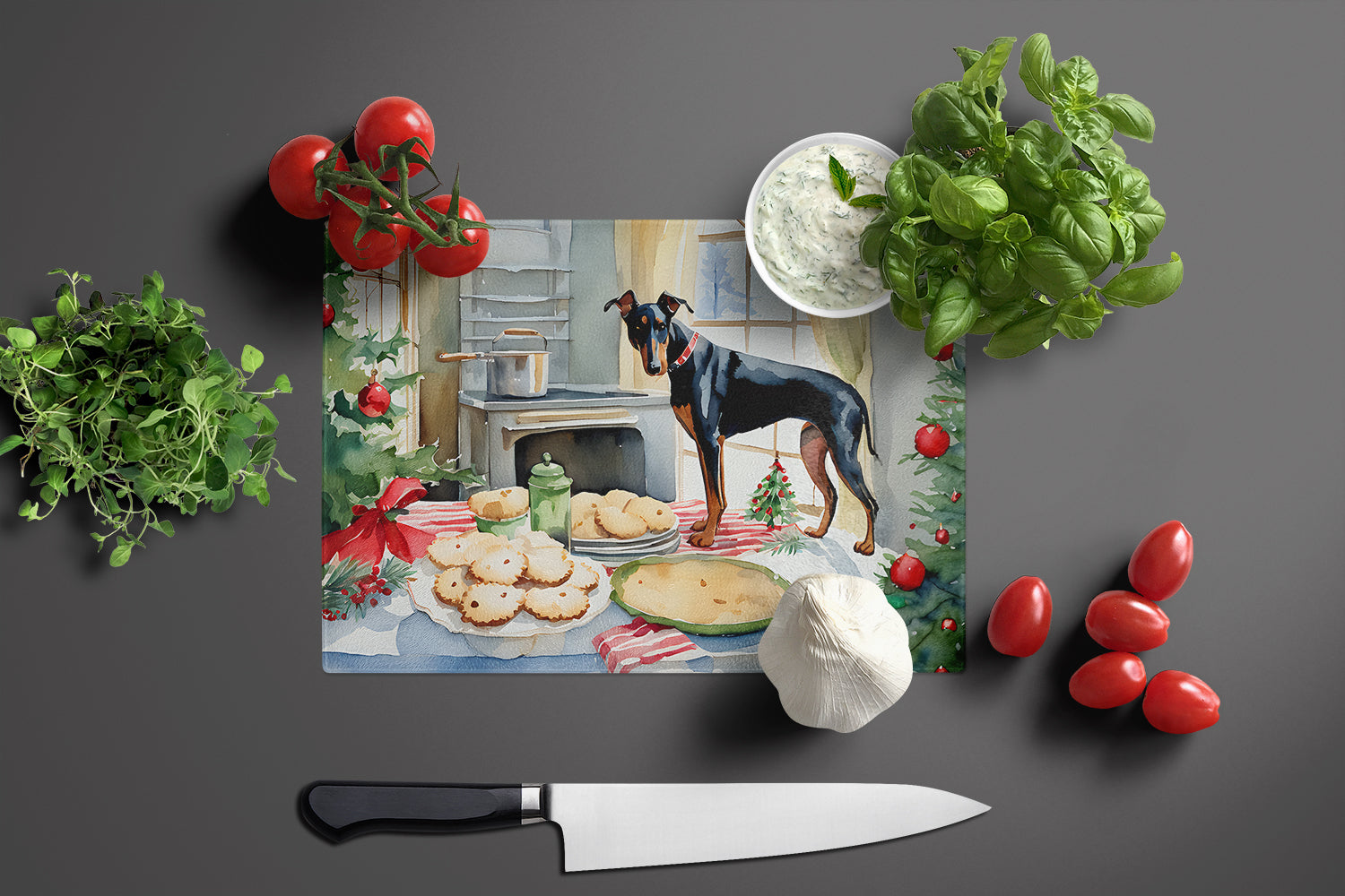 Doberman Pinscher Christmas Cookies Cutting Board Tempered Glass Kitchen Cutting Surface, Heat Resistant Chopping, Non-Slip Feet, Food Prep & Serving