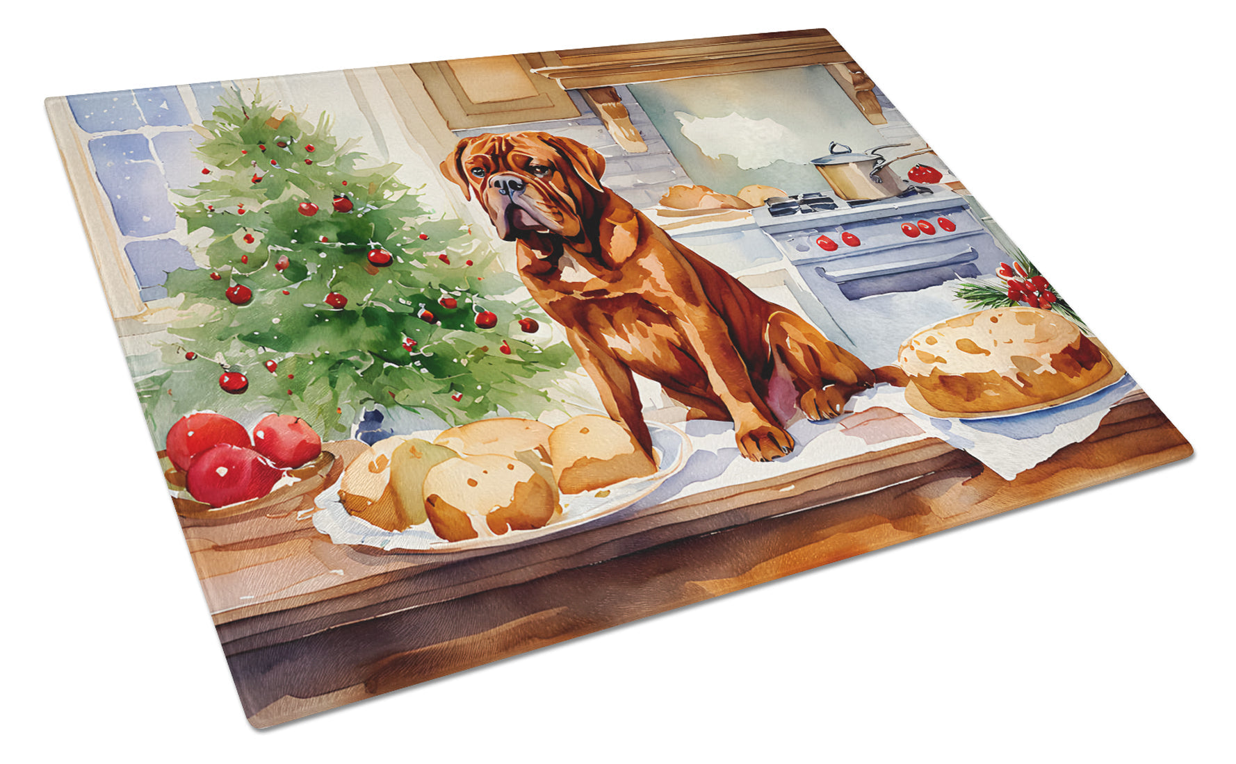 Dogue de Bordeaux Christmas Cookies Cutting Board Tempered Glass Kitchen Cutting Surface, Heat Resistant Chopping, Non-Slip Feet, Food Prep & Serving