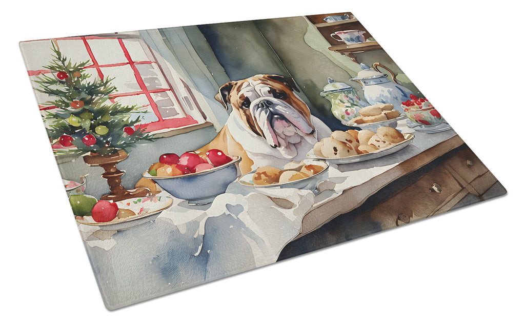 English Bulldog Christmas Cookies Cutting Board Tempered Glass Kitchen Cutting Surface, Heat Resistant Chopping, Non-Slip Feet, Food Prep & Serving