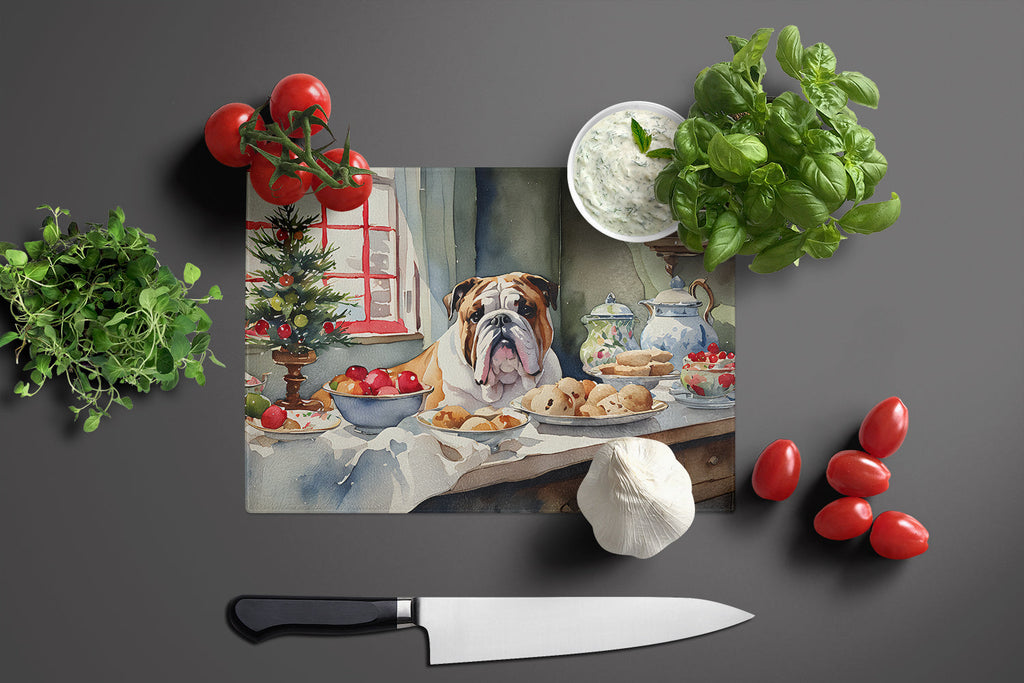 English Bulldog Christmas Cookies Cutting Board Tempered Glass Kitchen Cutting Surface, Heat Resistant Chopping, Non-Slip Feet, Food Prep & Serving