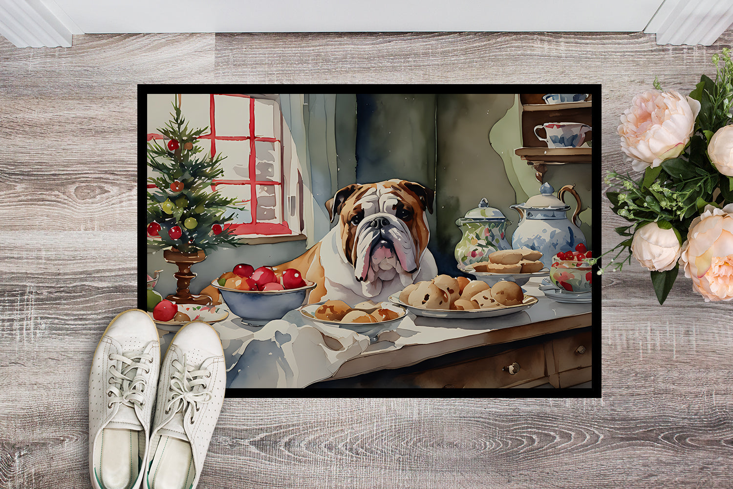 English Bulldog Christmas Cookies Doormat Indoor Outdoor 18H X 27W Front Door Mat Rugs for Entryway, Non Slip Washable