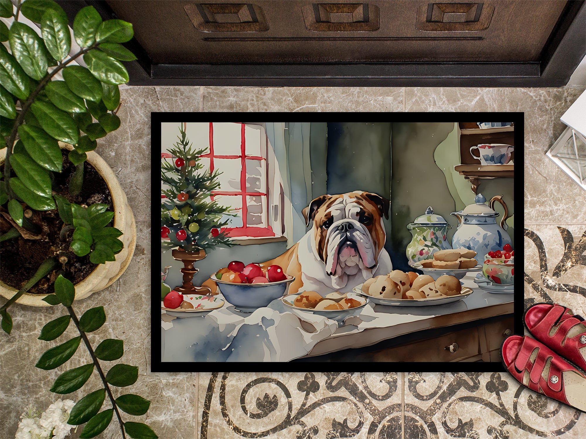 English Bulldog Christmas Cookies Doormat Indoor Outdoor 18H X 27W Front Door Mat Rugs for Entryway, Non Slip Washable
