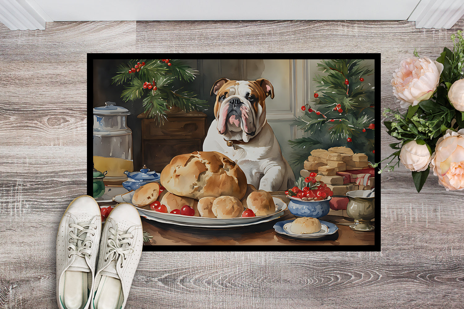 English Bulldog Christmas Cookies Doormat Indoor Outdoor 24H X 36W Front Door Mat Rugs for Entryway, Non Slip Washable Low Pile,