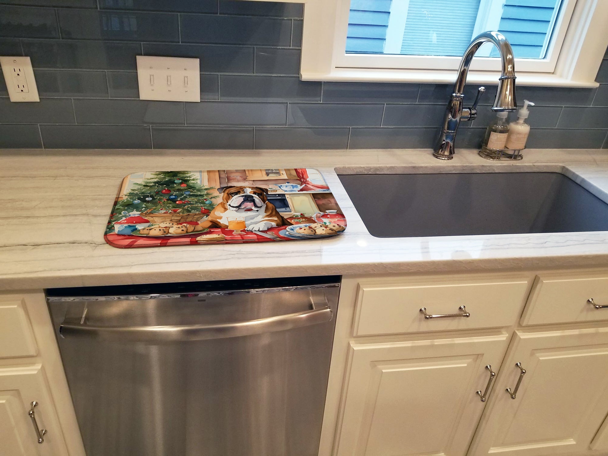 English Bulldog Christmas Cookies Dish Drying Mat Absorbent Dish Drying Mat Pad for Kitchen Counter Dish Drainer Mat for Countertop, 14 x 21", Multicolor