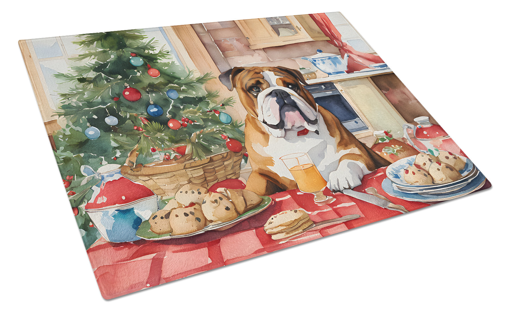 English Bulldog Christmas Cookies Cutting Board Tempered Glass Kitchen Cutting Surface, Heat Resistant Chopping, Non-Slip Feet, Food Prep & Serving
