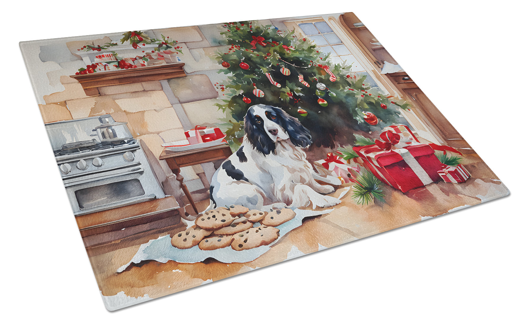 English Springer Spaniel Christmas Cookies Cutting Board Tempered Glass Kitchen Cutting Surface, Heat Resistant Chopping, Non-Slip Feet, Food Prep & Serving