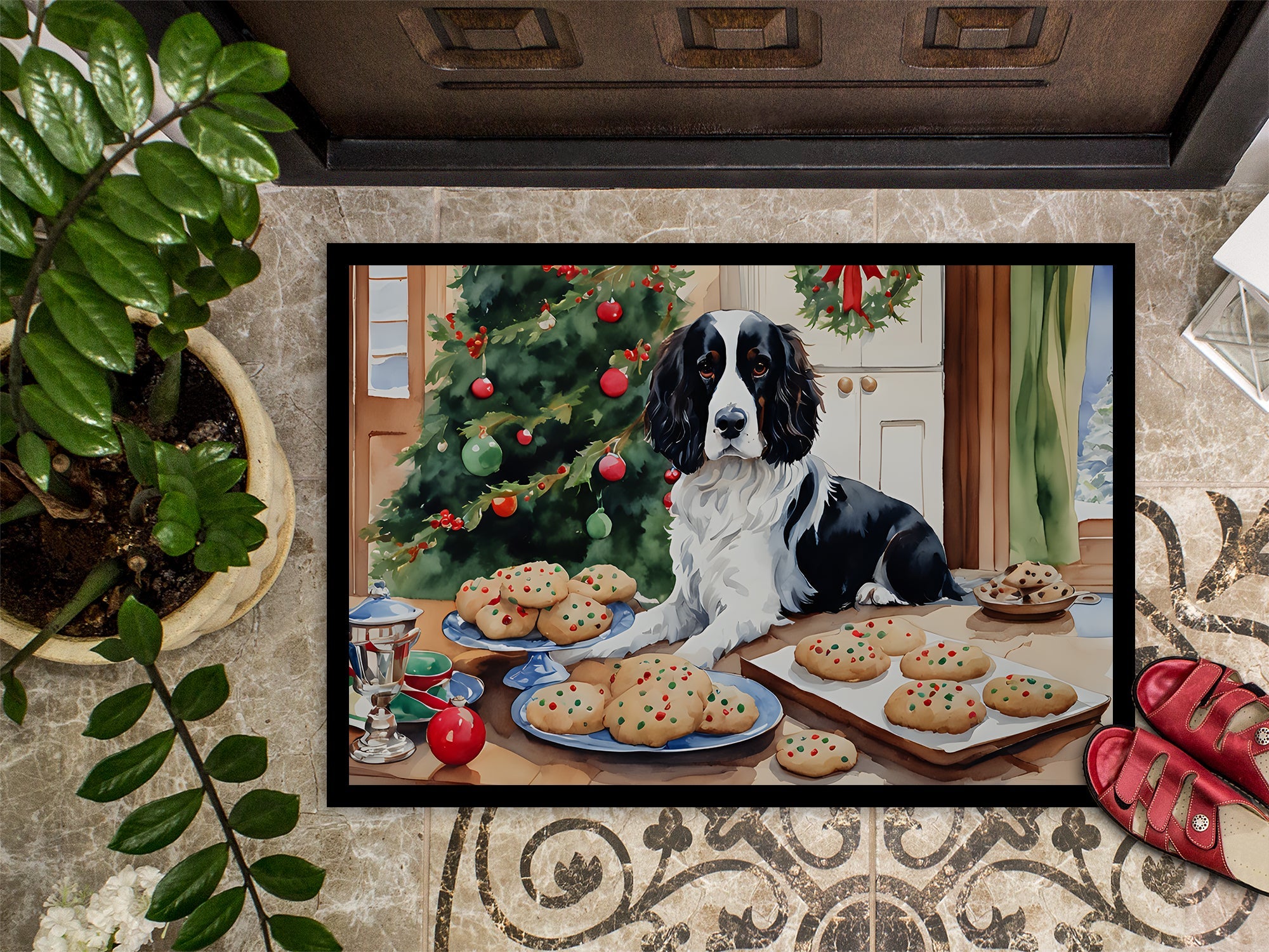 English Springer Spaniel Christmas Cookies Doormat Indoor Outdoor 18H X 27W Front Door Mat Rugs for Entryway, Non Slip Washable