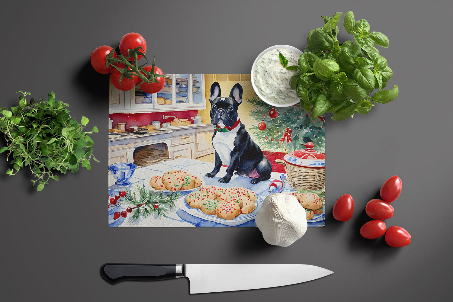 French Bulldog Christmas Cookies Cutting Board Tempered Glass Kitchen Cutting Surface, Heat Resistant Chopping, Non-Slip Feet, Food Prep & Serving