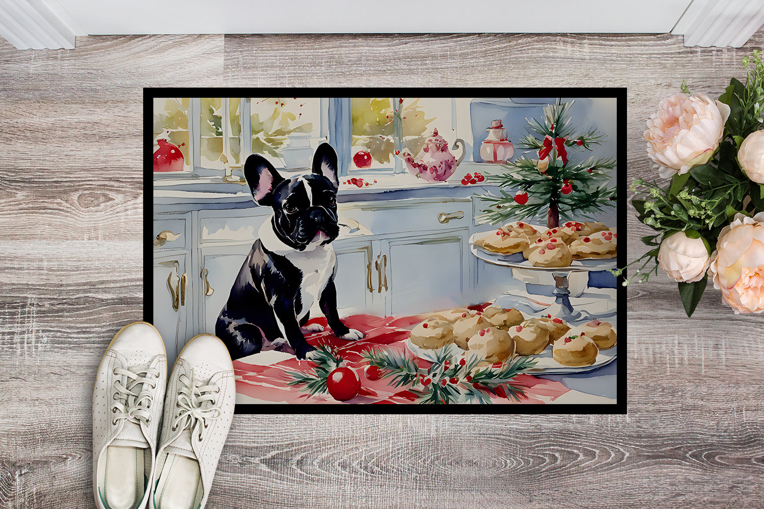 French Bulldog Christmas Cookies Doormat Indoor Outdoor 24H X 36W Front Door Mat Rugs for Entryway, Non Slip Washable Low Pile,