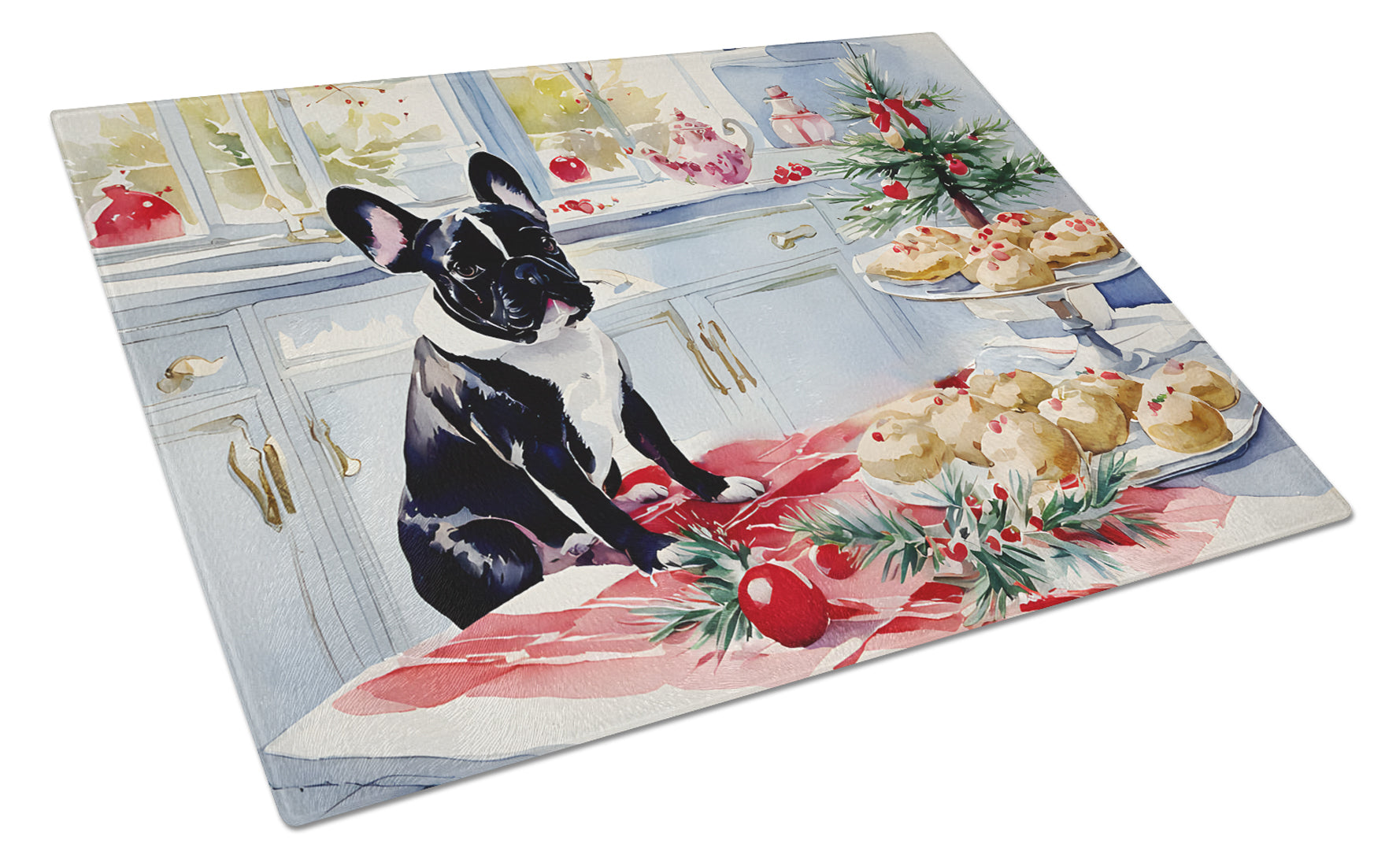 French Bulldog Christmas Cookies Cutting Board Tempered Glass Kitchen Cutting Surface, Heat Resistant Chopping, Non-Slip Feet, Food Prep & Serving