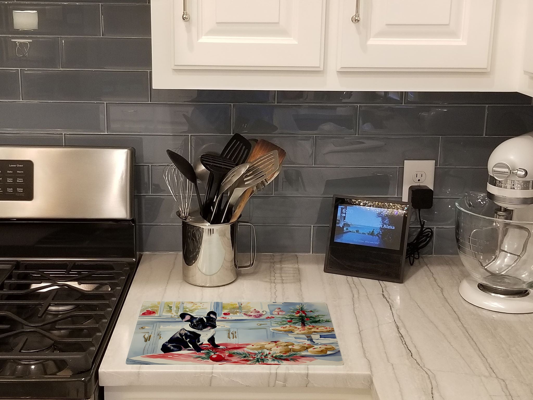 French Bulldog Christmas Cookies Cutting Board Tempered Glass Kitchen Cutting Surface, Heat Resistant Chopping, Non-Slip Feet, Food Prep & Serving