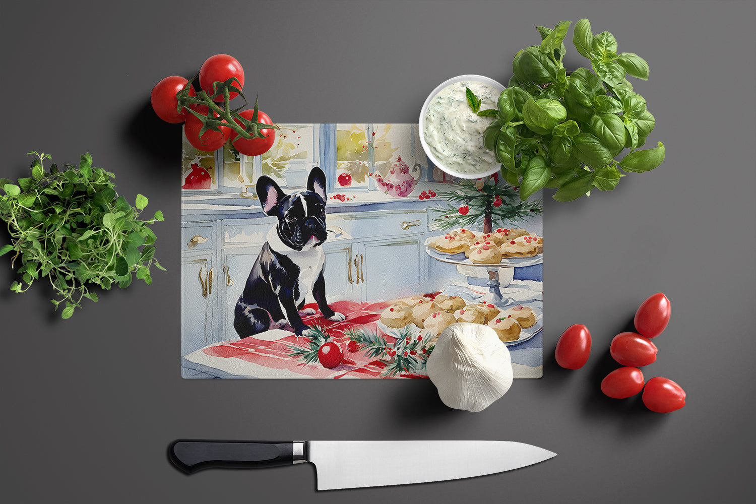 French Bulldog Christmas Cookies Cutting Board Tempered Glass Kitchen Cutting Surface, Heat Resistant Chopping, Non-Slip Feet, Food Prep & Serving