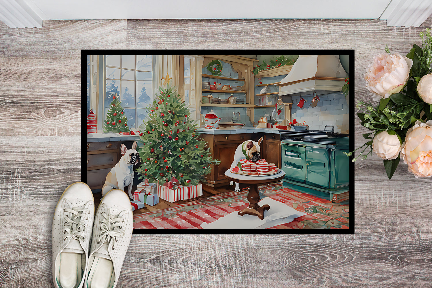 French Bulldog Christmas Cookies Doormat Indoor Outdoor 24H X 36W Front Door Mat Rugs for Entryway, Non Slip Washable Low Pile,