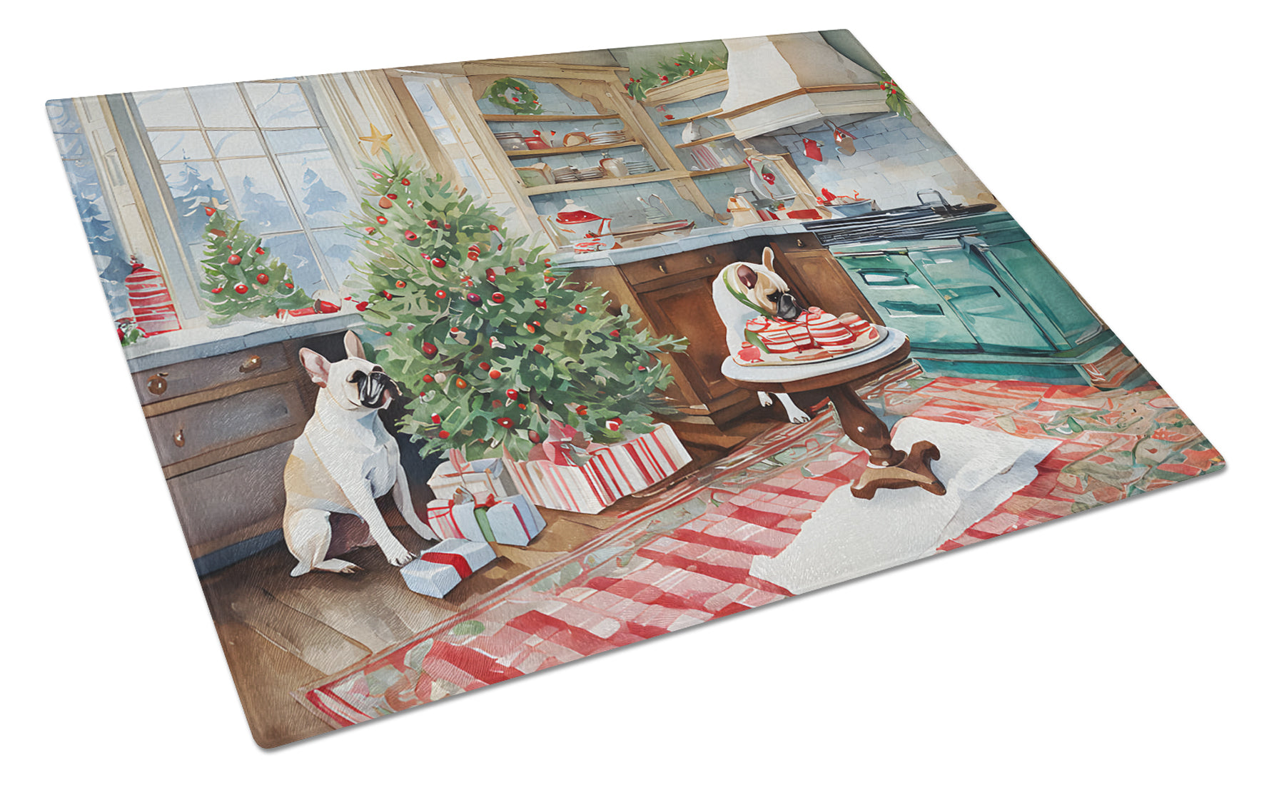 French Bulldog Christmas Cookies Cutting Board Tempered Glass Kitchen Cutting Surface, Heat Resistant Chopping, Non-Slip Feet, Food Prep & Serving