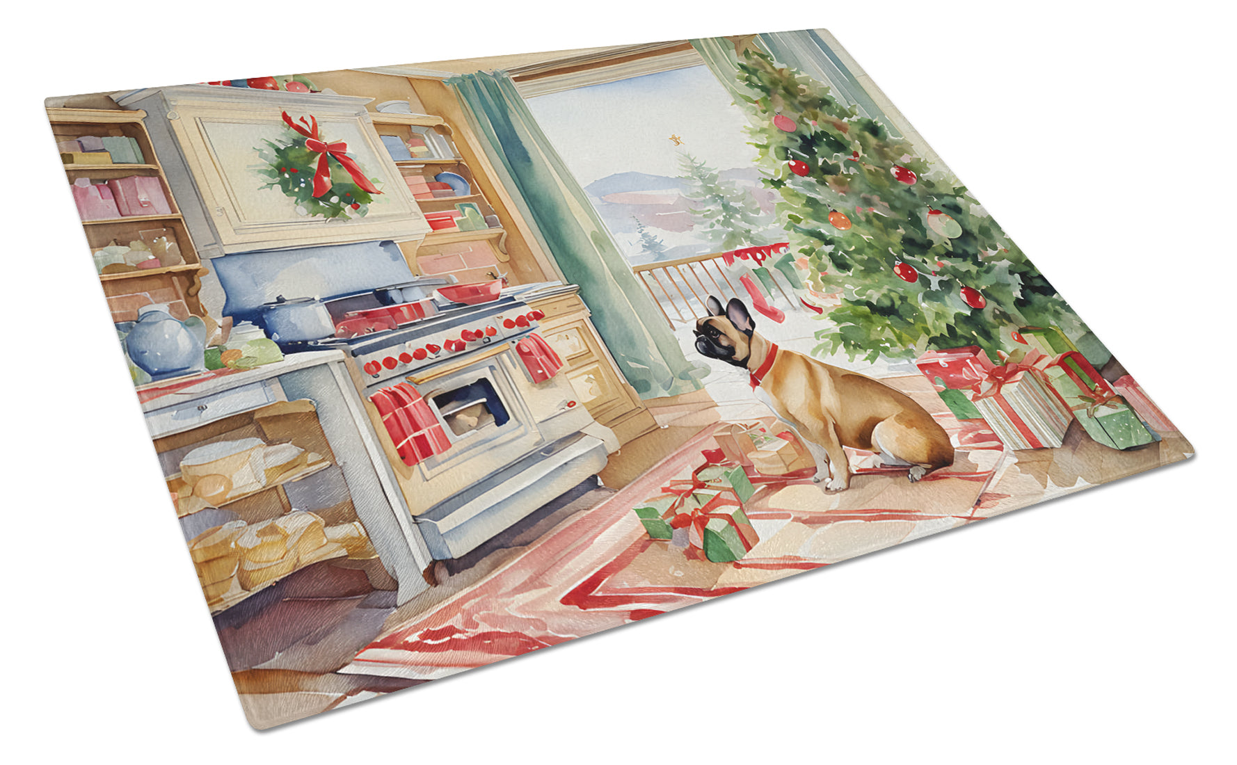 French Bulldog Christmas Cookies Cutting Board Tempered Glass Kitchen Cutting Surface, Heat Resistant Chopping, Non-Slip Feet, Food Prep & Serving