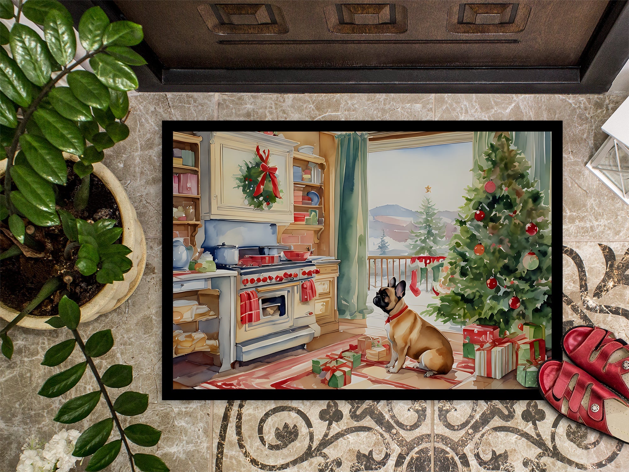 French Bulldog Christmas Cookies Doormat Indoor Outdoor 18H X 27W Front Door Mat Rugs for Entryway, Non Slip Washable